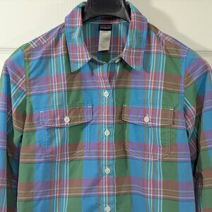 Patagonia Women's Plaid Purple, Green and Blue Hiking Camping Button-Up Shirt